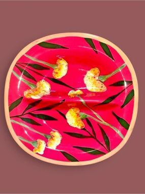 Droll Designs Hand Painted Marigold Blossoms 10.5 Inch Round Divided Platter